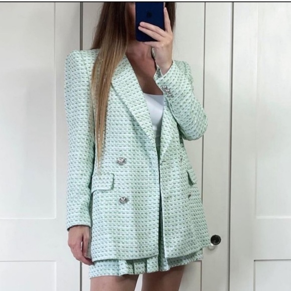 ZARA 2 Piece Textured Double Breastex Check Blazer And Structured Skirt - Picture 2 of 12